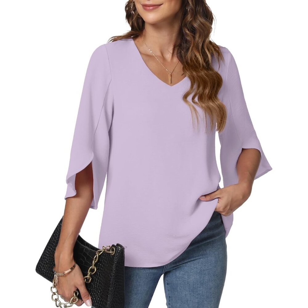 Womens 2024 Casual V-Neck Loose Tunic Top V/Lavender